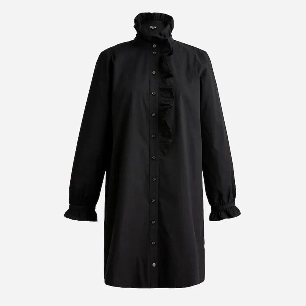J. Crew || Cottage Shirtdress in‎ Cotton Poplin Ruffle Long Sleeve Black 00